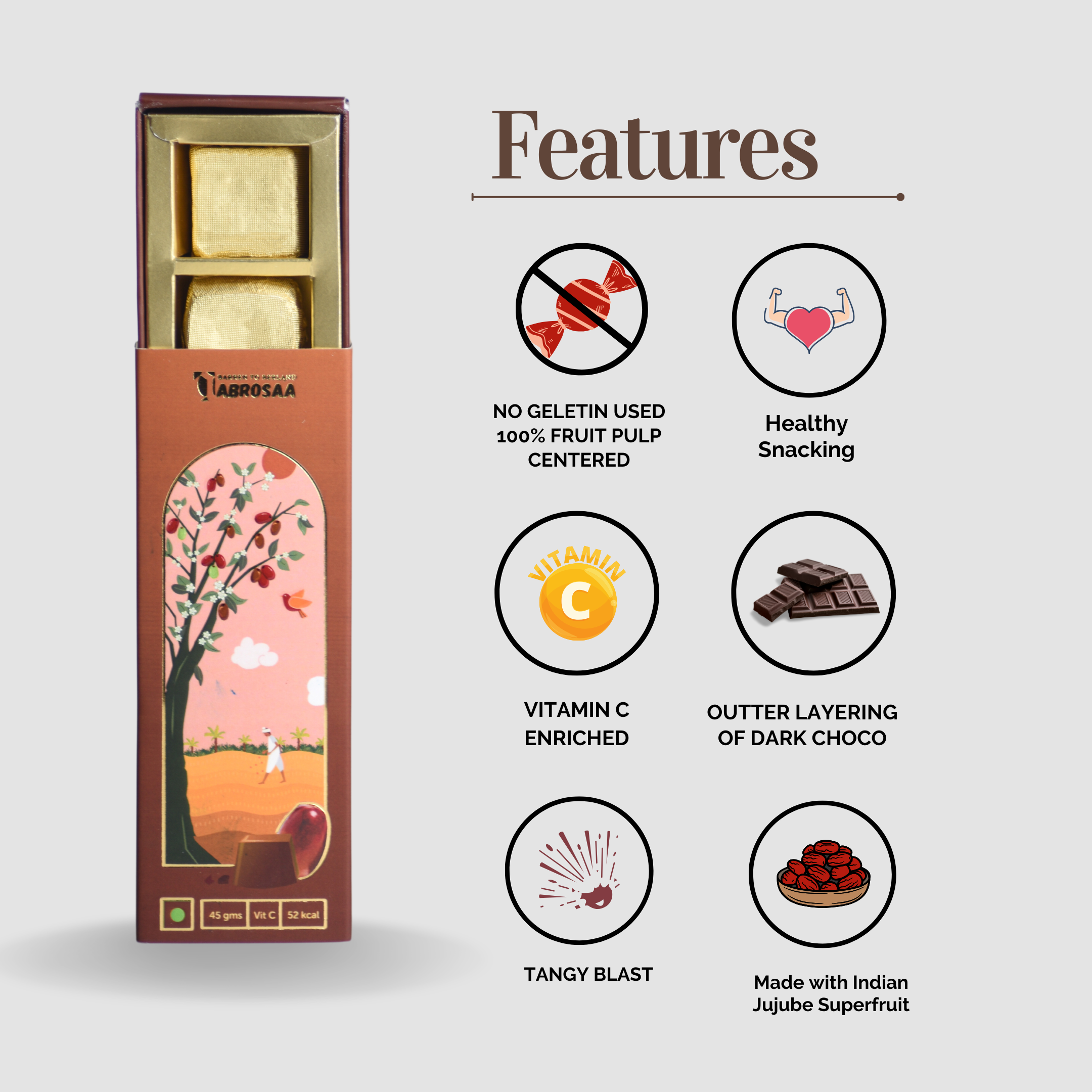 Ber Infused Chocolate | Made of Indian Jujube Superfruit | Dark Chocolate | No Jelly Pure Fruit Pulp Inside | Enriched With Vitamin C | No Added Color | No added Flavors45gms